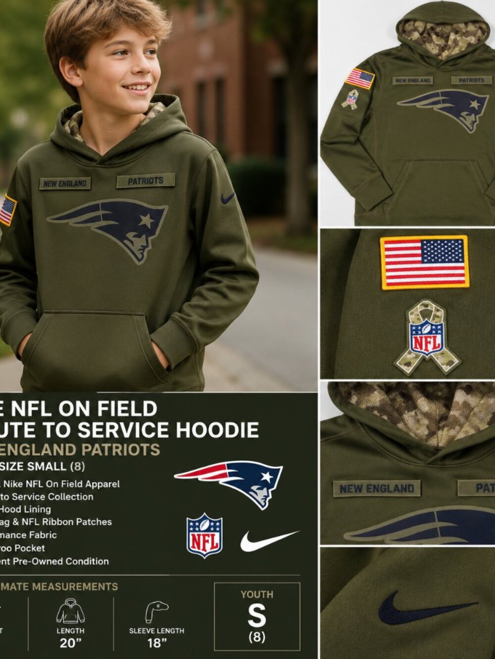 Nike NFL On Field New England Patriots Salute to Service Hoodie Youth Small (8)